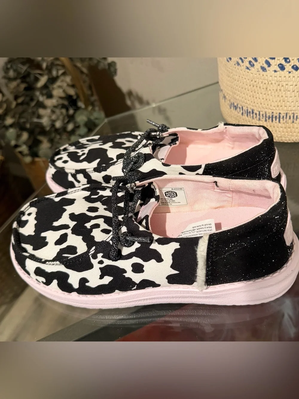 Hey Dude Youth Wendy Cow Print Lace-Up Casual Shoes in Black and White (NWOT)